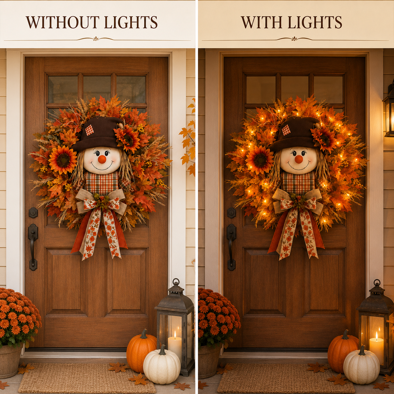 🍁 Fall Favorite – Lighted Scarecrow Front Door Wreath
