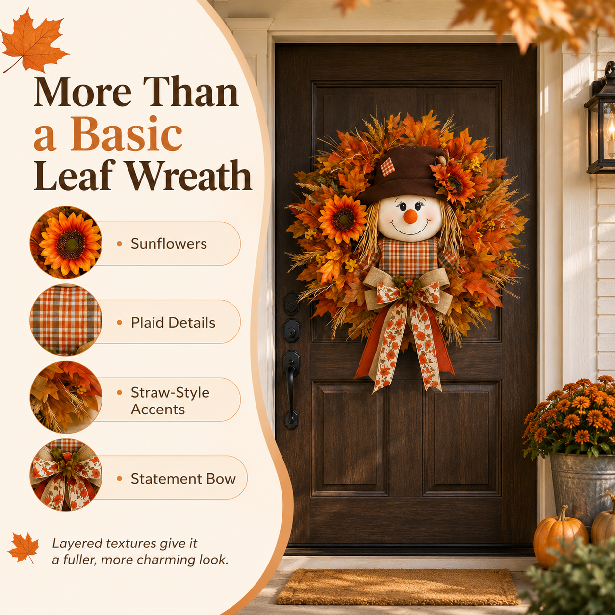 🍁 Fall Favorite – Lighted Scarecrow Front Door Wreath