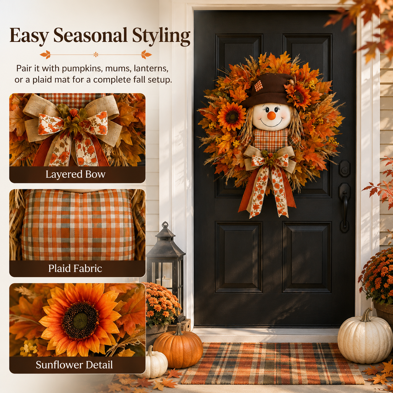🍁 Fall Favorite – Lighted Scarecrow Front Door Wreath