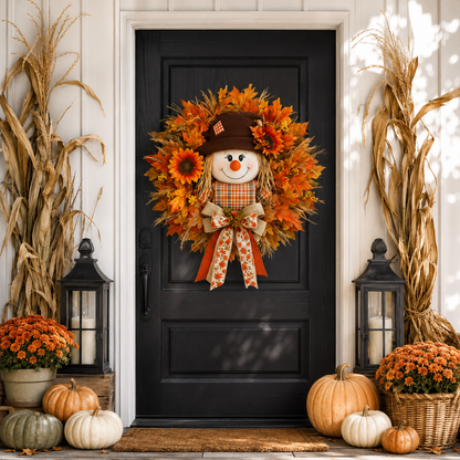 🍁 Fall Favorite – Lighted Scarecrow Front Door Wreath