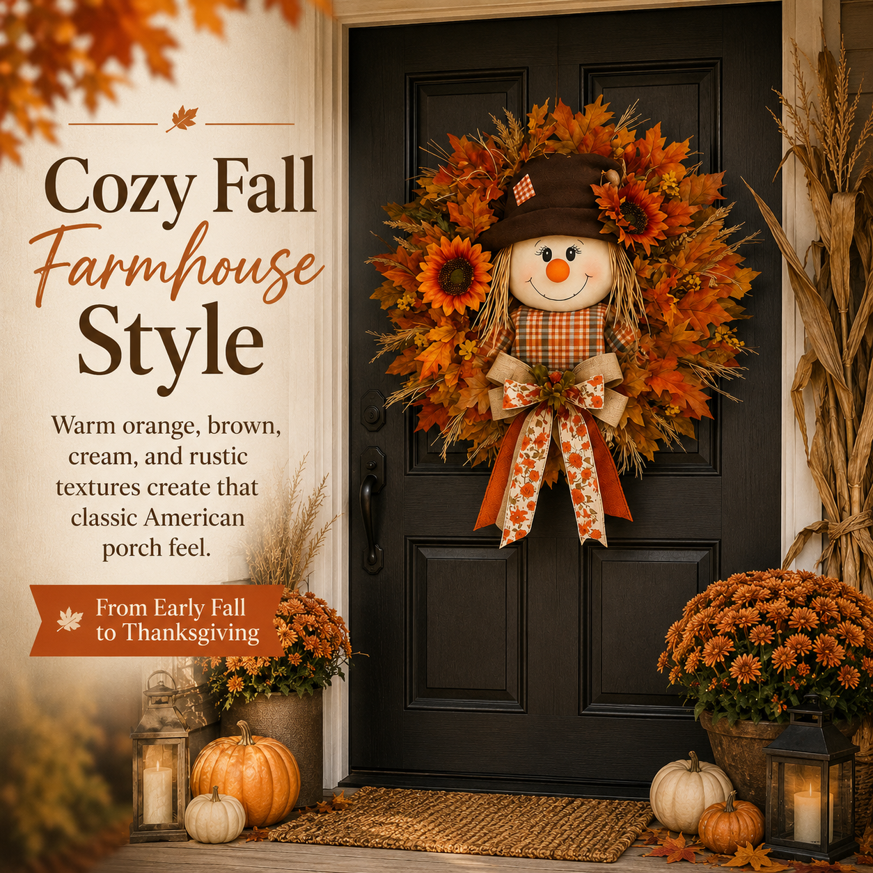 🍁 Fall Favorite – Lighted Scarecrow Front Door Wreath