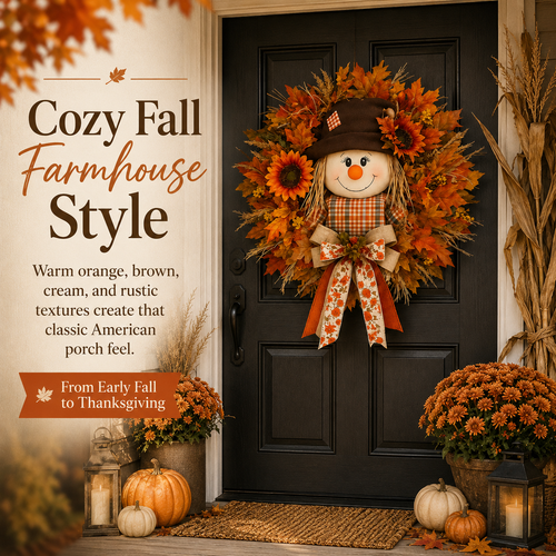 🍁 Fall Favorite – Lighted Scarecrow Front Door Wreath