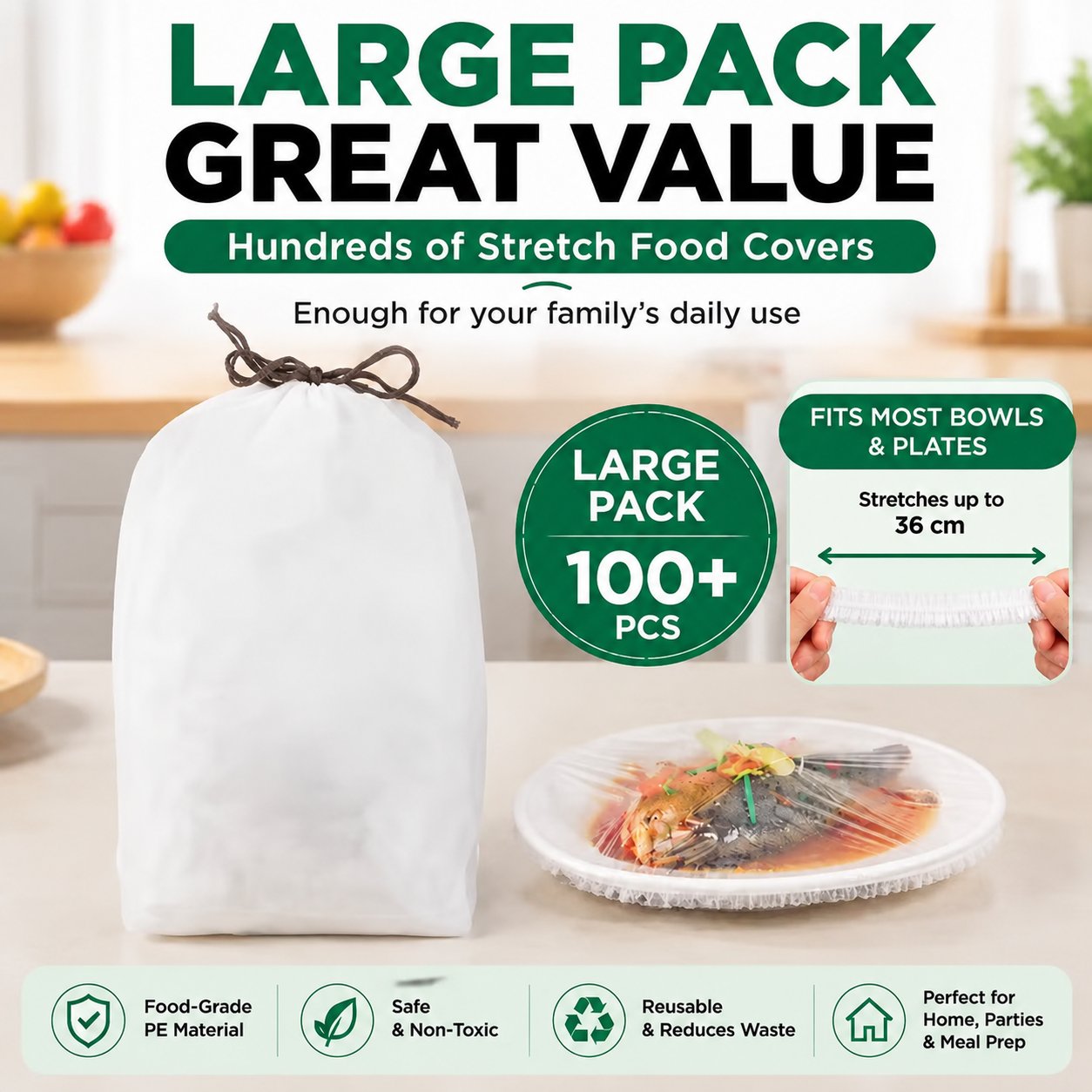 100PCS Disposable Stretch Food Covers for Bowls & Plates