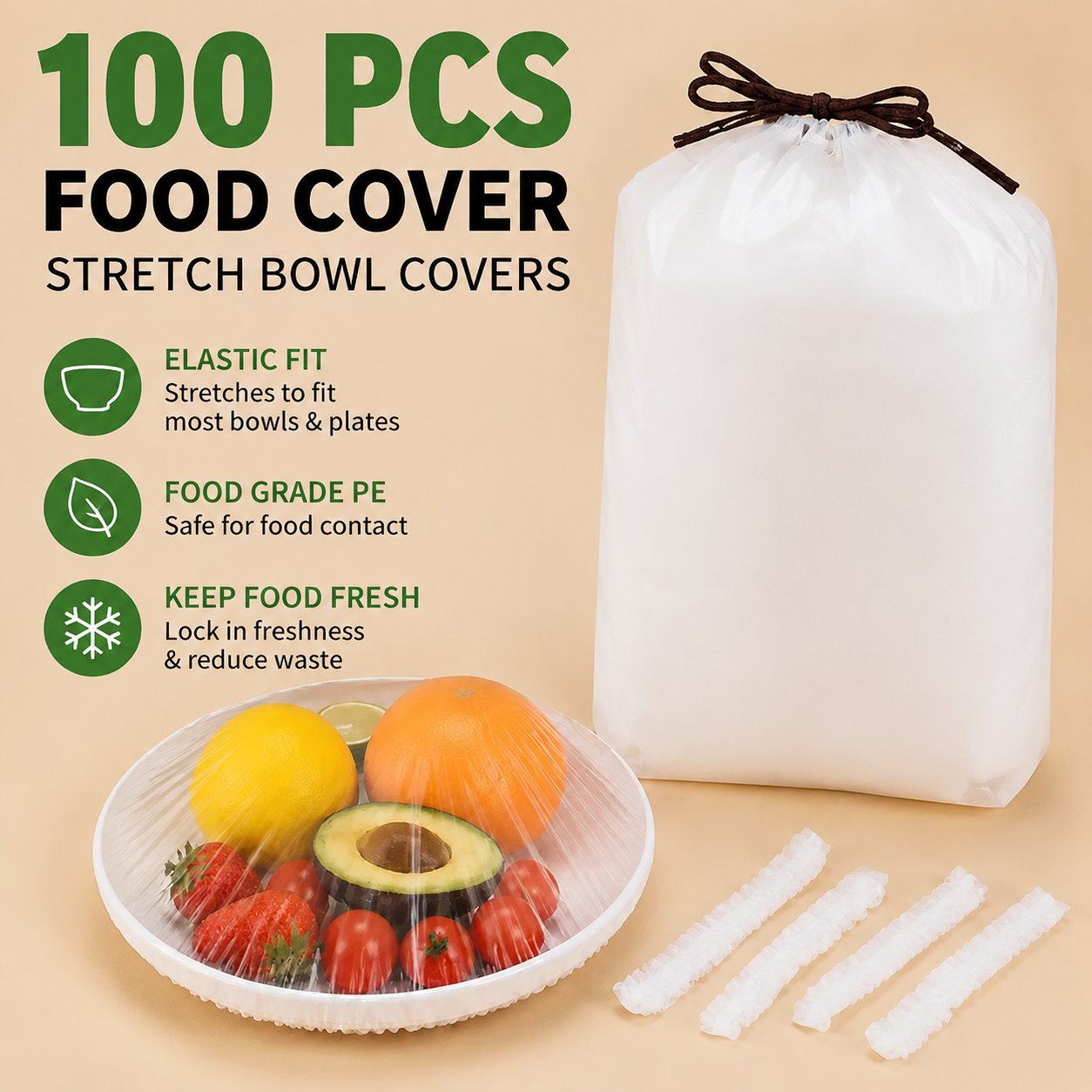 100PCS Disposable Stretch Food Covers for Bowls & Plates