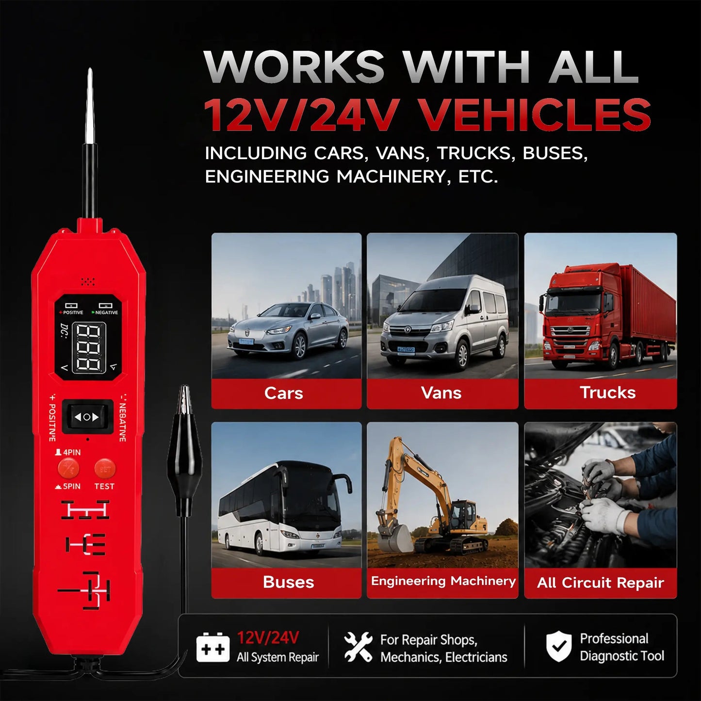 3-in-1 Automotive Circuit Tester – 12V/24V Voltage, Polarity & Continuity Tester