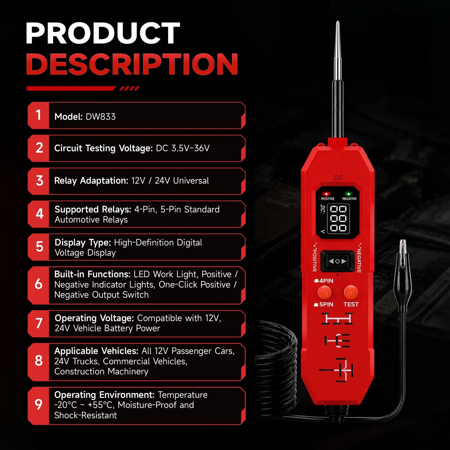 3-in-1 Automotive Circuit Tester – 12V/24V Voltage, Polarity & Continuity Tester