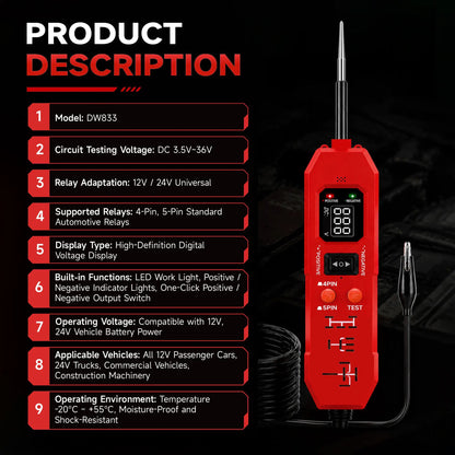 3-in-1 Automotive Circuit Tester – 12V/24V Voltage, Polarity & Continuity Tester