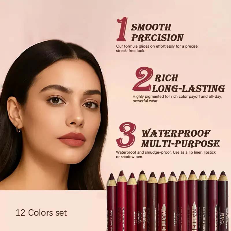👄12Pcs Matte Lip Liner With Sharpener Set Waterproof Smudgeproof Precise Contour Lipstick Pens