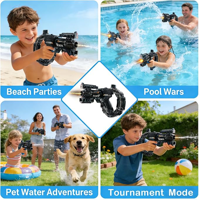 dht™⭐Automatic Squirt Water Gun Blaster with 32ft Long Range✨LED Light-Up Water Pistol with Rechargeable Battery