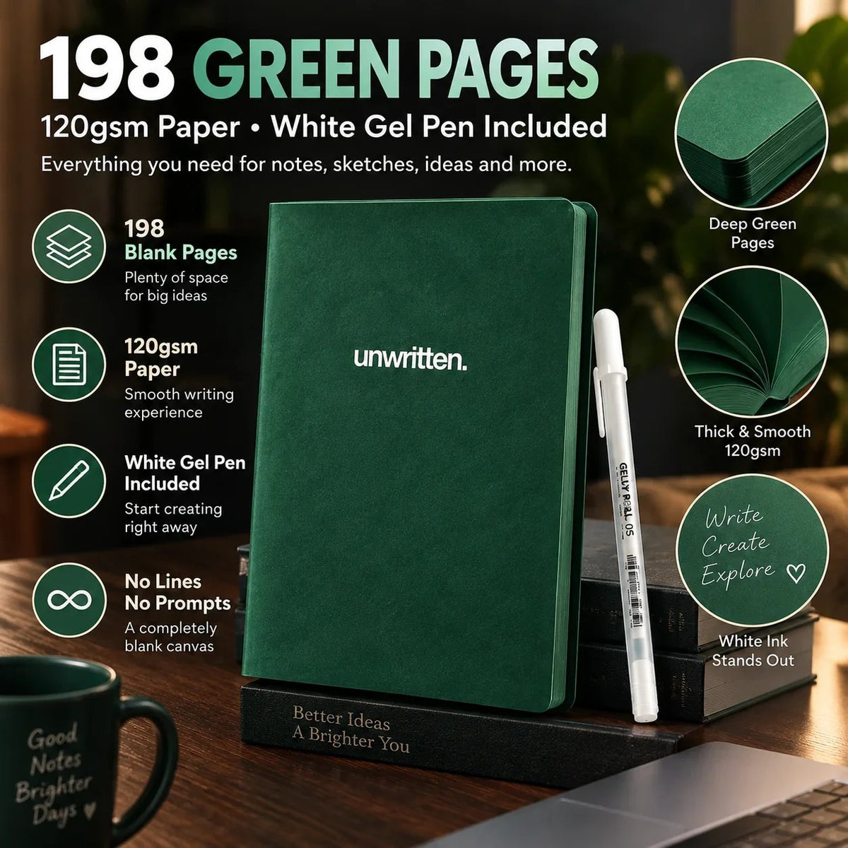 📓 Deep Green Blank Notebook with White Gel Pen | Aesthetic Writing & Sketch Journal