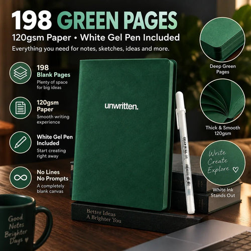 📓 Deep Green Blank Notebook with White Gel Pen | Aesthetic Writing & Sketch Journal