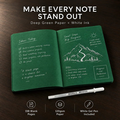 📓 Deep Green Blank Notebook with White Gel Pen | Aesthetic Writing & Sketch Journal