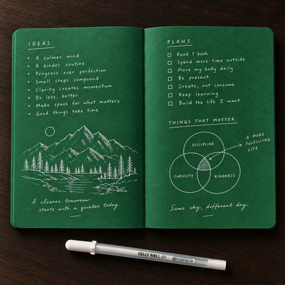 📓 Deep Green Blank Notebook with White Gel Pen | Aesthetic Writing & Sketch Journal