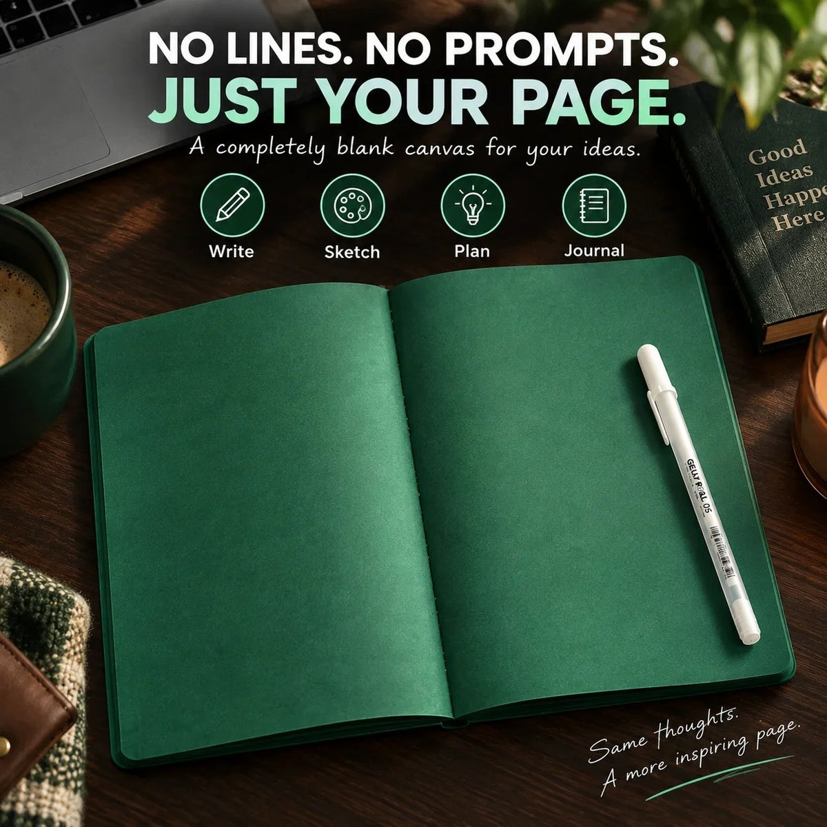 📓 Deep Green Blank Notebook with White Gel Pen | Aesthetic Writing & Sketch Journal