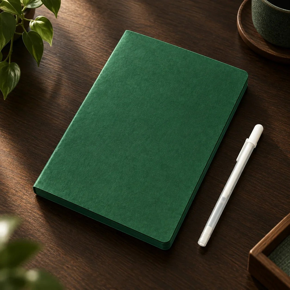 📓 Deep Green Blank Notebook with White Gel Pen | Aesthetic Writing & Sketch Journal