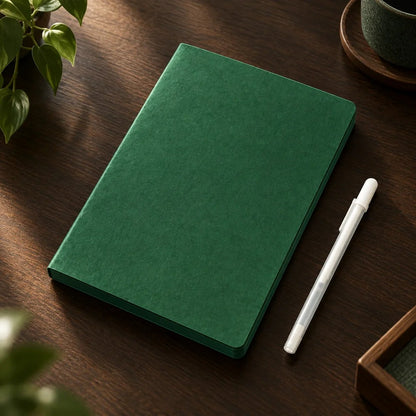 📓 Deep Green Blank Notebook with White Gel Pen | Aesthetic Writing & Sketch Journal