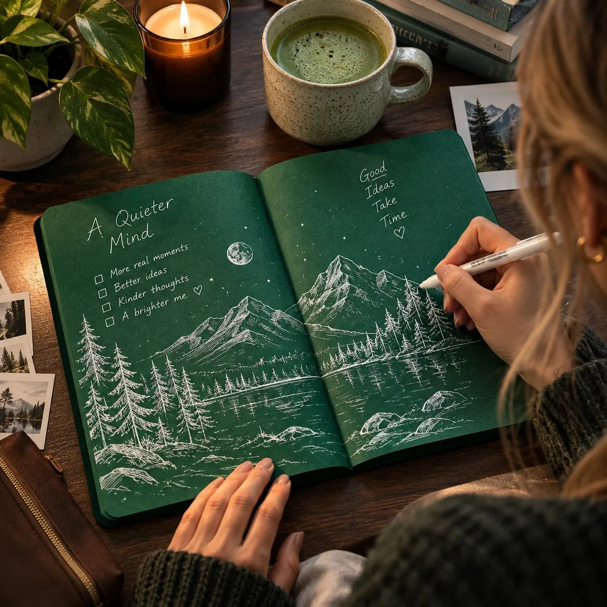 📓 Deep Green Blank Notebook with White Gel Pen | Aesthetic Writing & Sketch Journal
