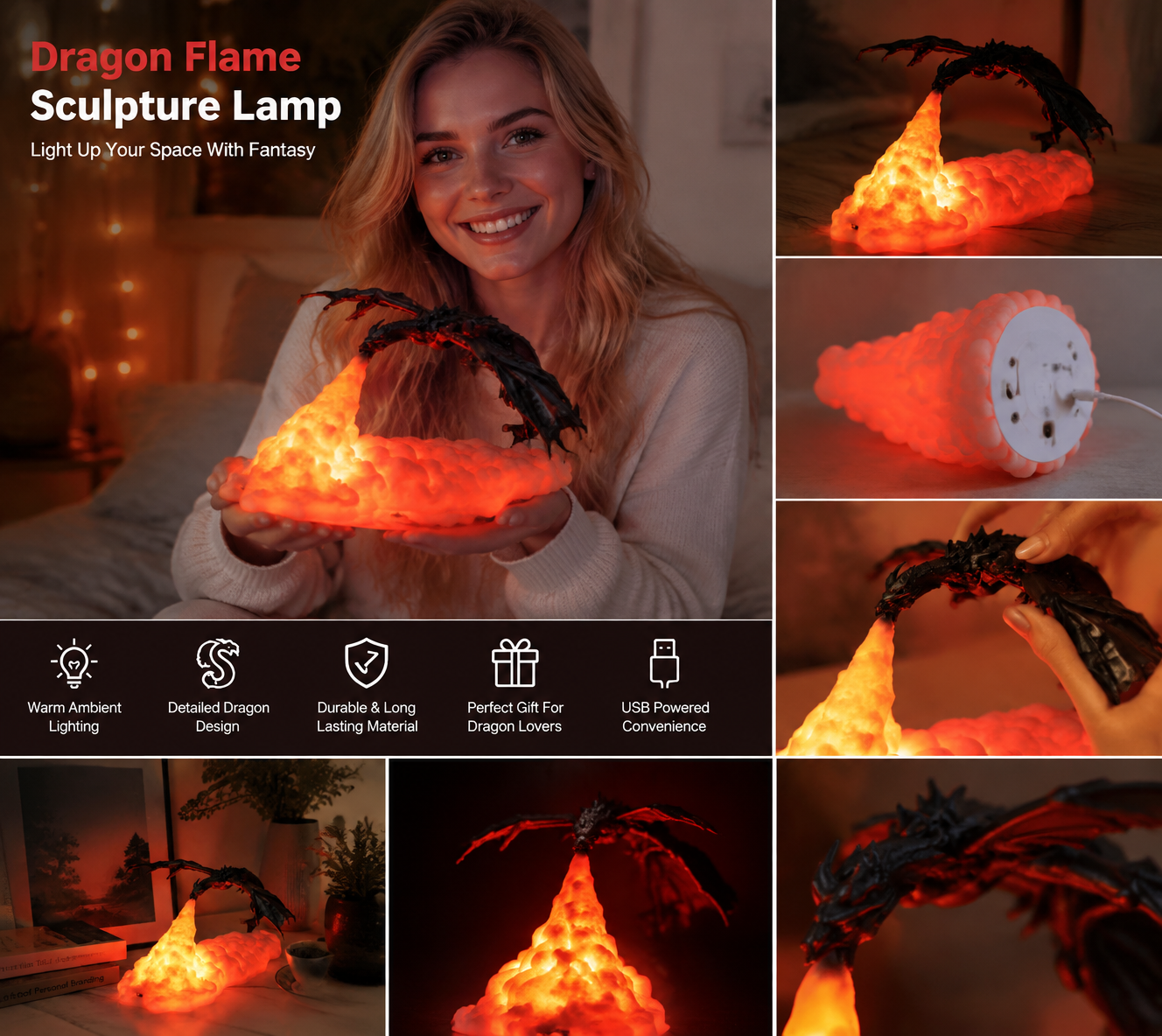 🔥 Fire Dragon 3D Sculpture Dragon Lamp