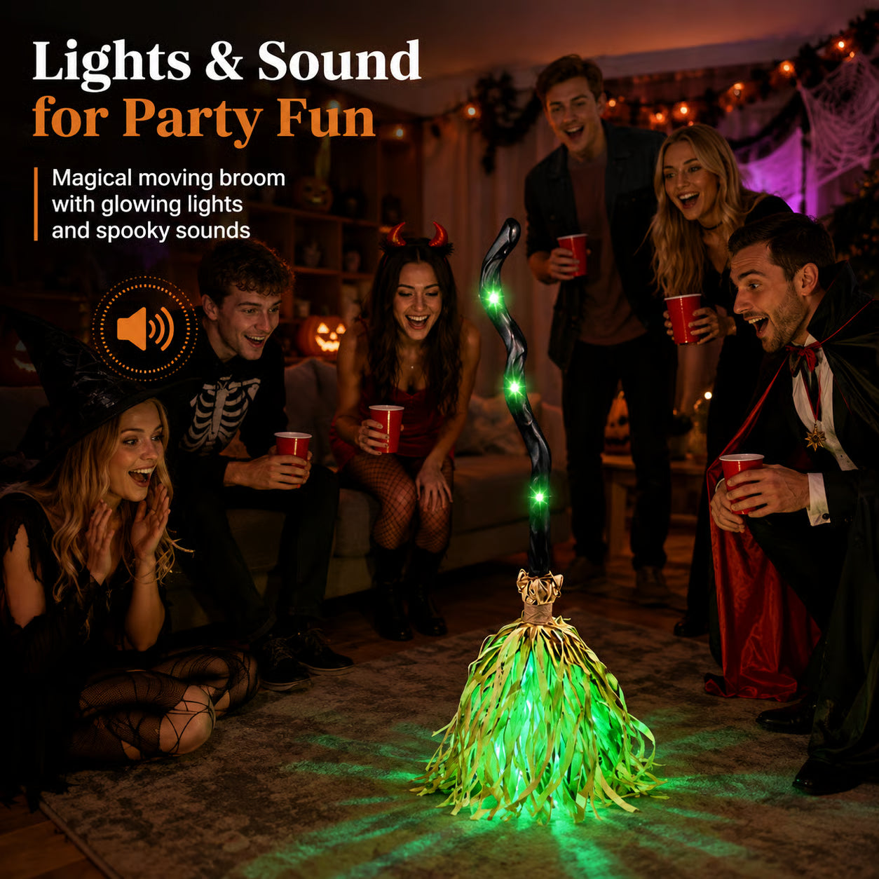 Halloween moving broom with lights and sound