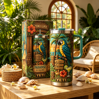 🌴Personalized Tiki Life Tropical Parrot Beach 40oz Handle Tumbler