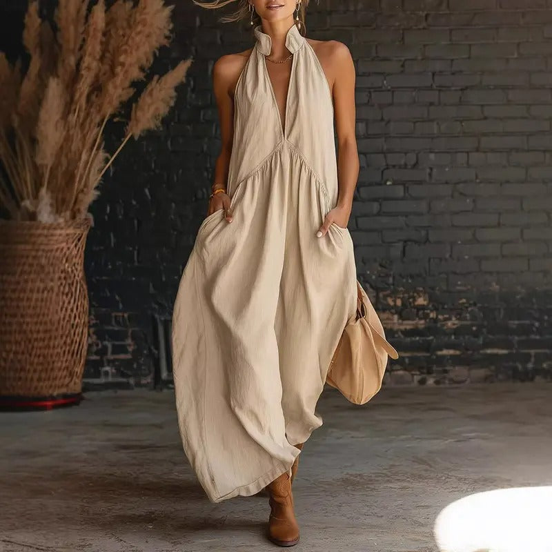 Limited 50% Discount | Summer Halter Neck Maxi Dress, Loose Casual Design with Practical Pockets