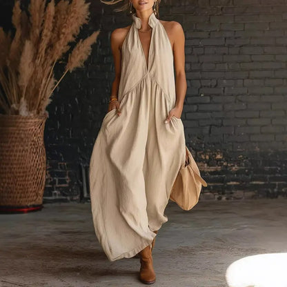 Limited 50% Discount | Summer Halter Neck Maxi Dress, Loose Casual Design with Practical Pockets