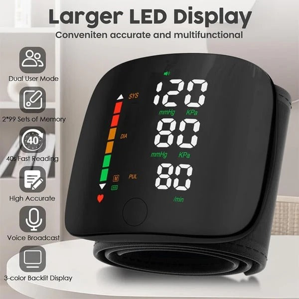Voice Broadcast Wrist Blood Pressure Monitor with LED Display