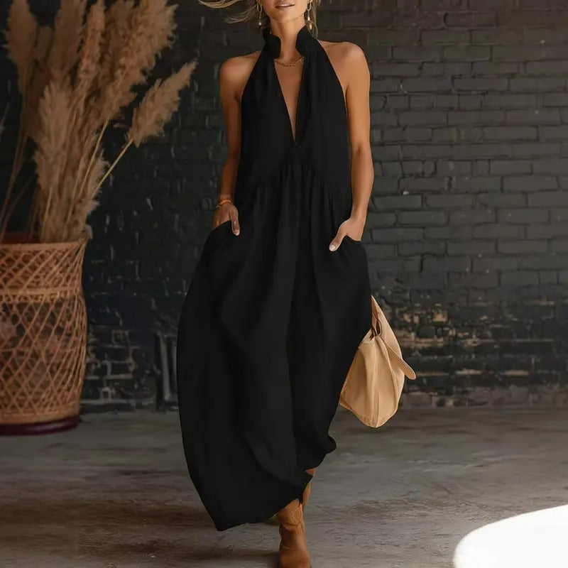 Limited 50% Discount | Summer Halter Neck Maxi Dress, Loose Casual Design with Practical Pockets