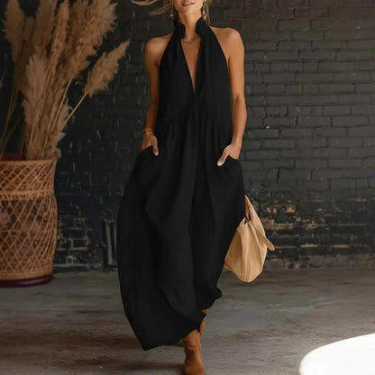 Limited 50% Discount | Summer Halter Neck Maxi Dress, Loose Casual Design with Practical Pockets