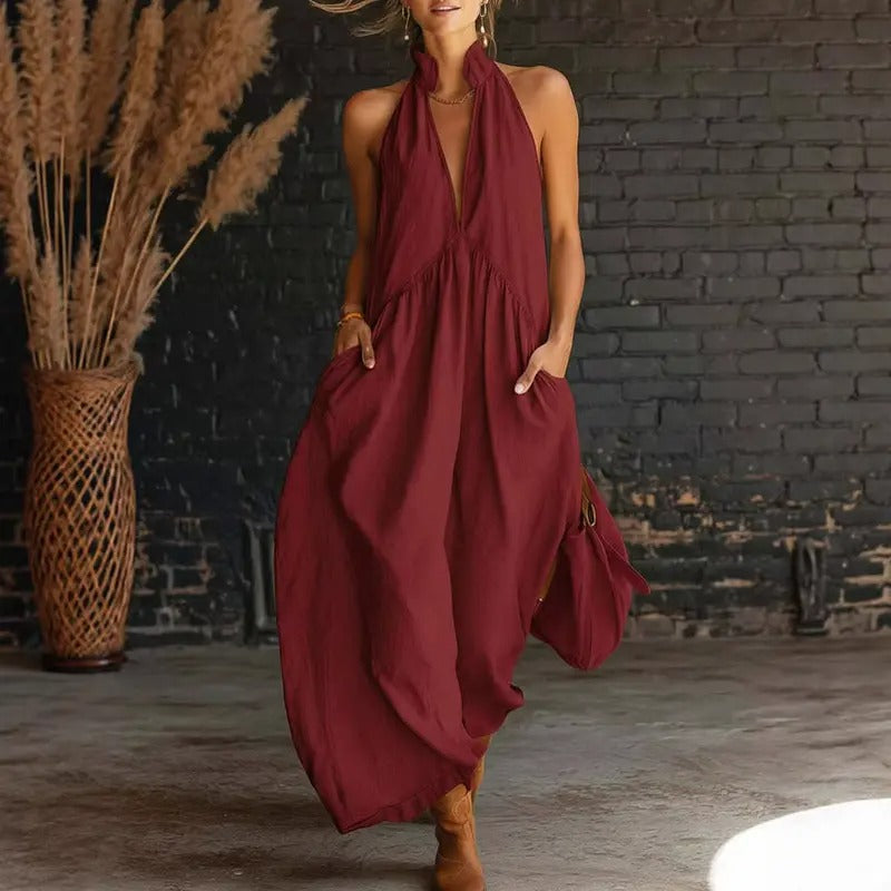 Limited 50% Discount | Summer Halter Neck Maxi Dress, Loose Casual Design with Practical Pockets