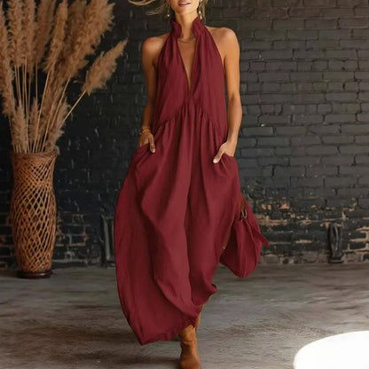Limited 50% Discount | Summer Halter Neck Maxi Dress, Loose Casual Design with Practical Pockets