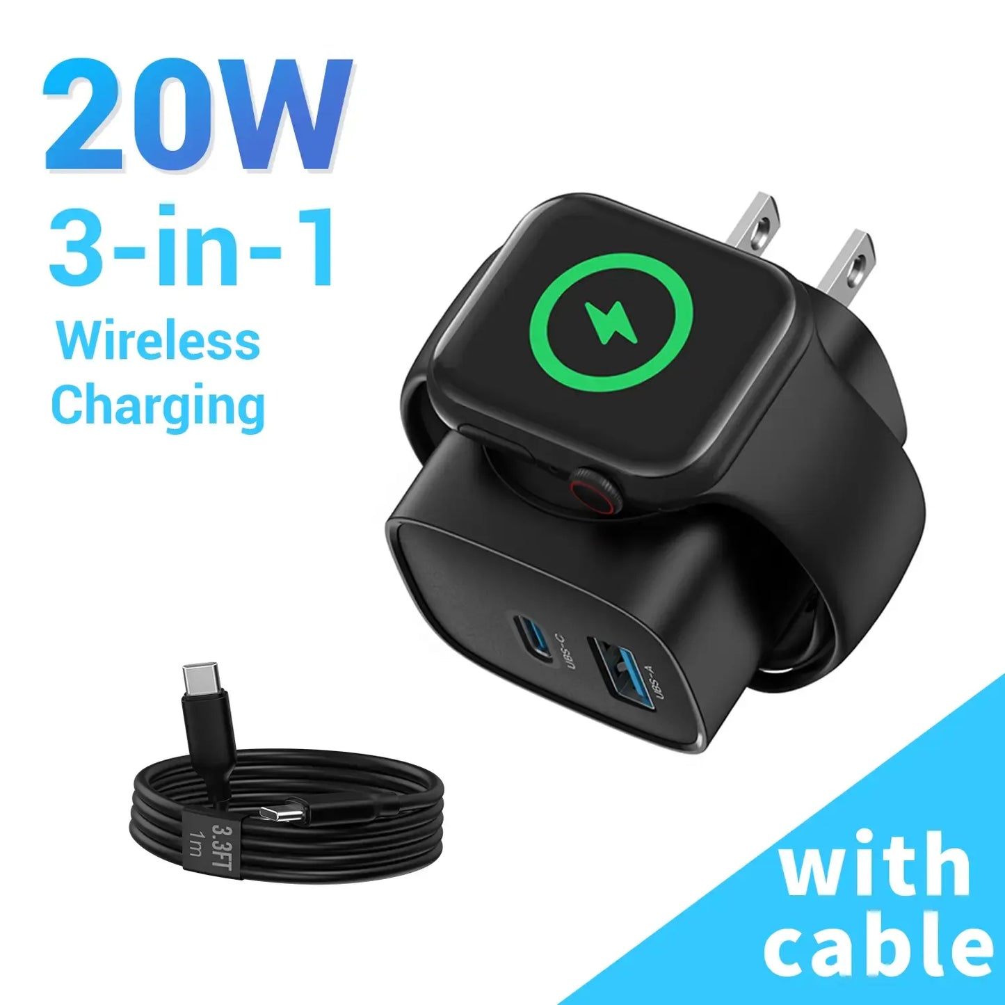 Magnetic 3-in-1 Wireless Charger Plug with Fast Charging