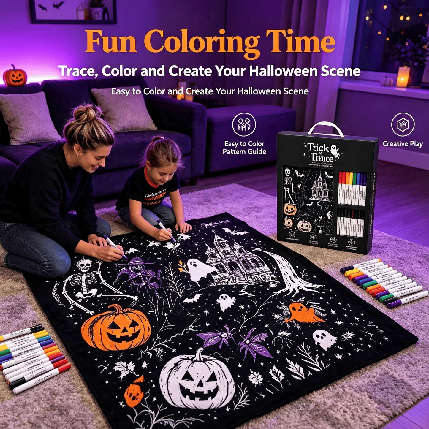 👻Halloween DIY Coloring Blanket with Free 24 Markers🎁Perfect Gift For Family & Friends