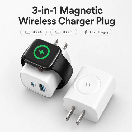 Magnetic 3-in-1 Wireless Charger Plug with Fast Charging