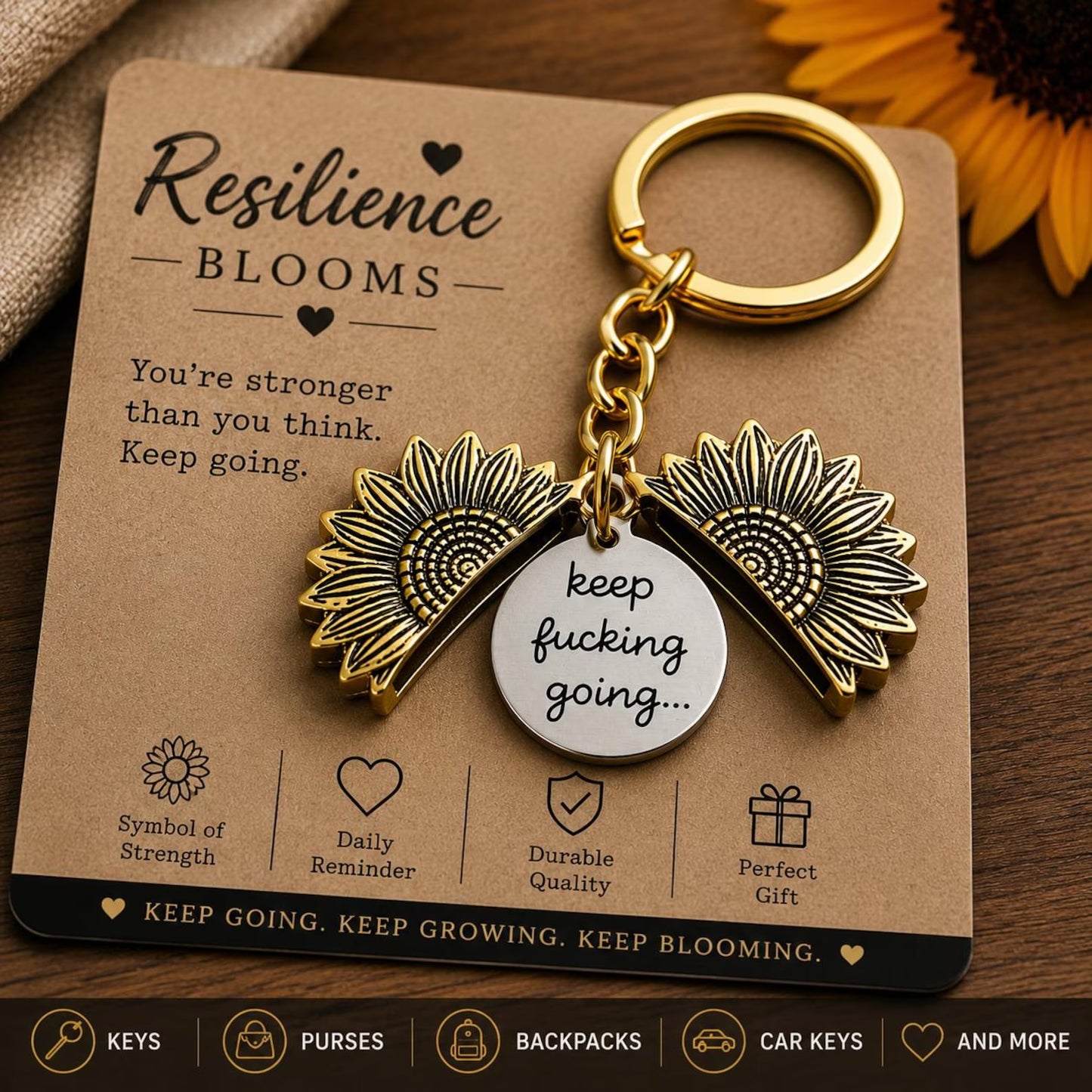 ❤️Resilience Blooms Sunflower Keychain🎁"Keep F*ing Going" Inspirational Gift