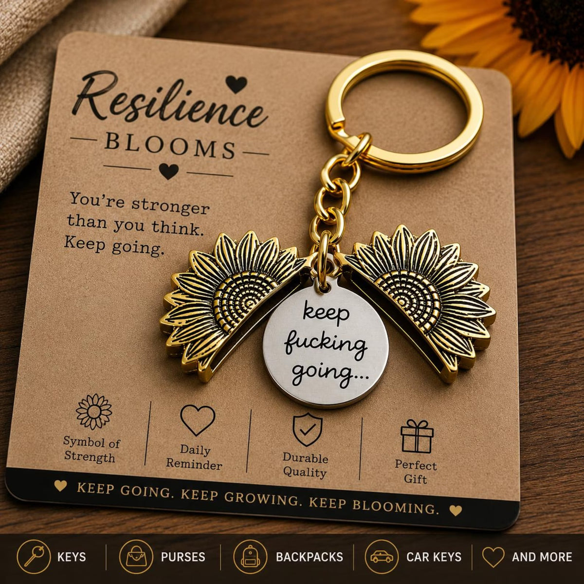 ❤️Resilience Blooms Sunflower Keychain🎁"Keep F*ing Going" Inspirational Gift