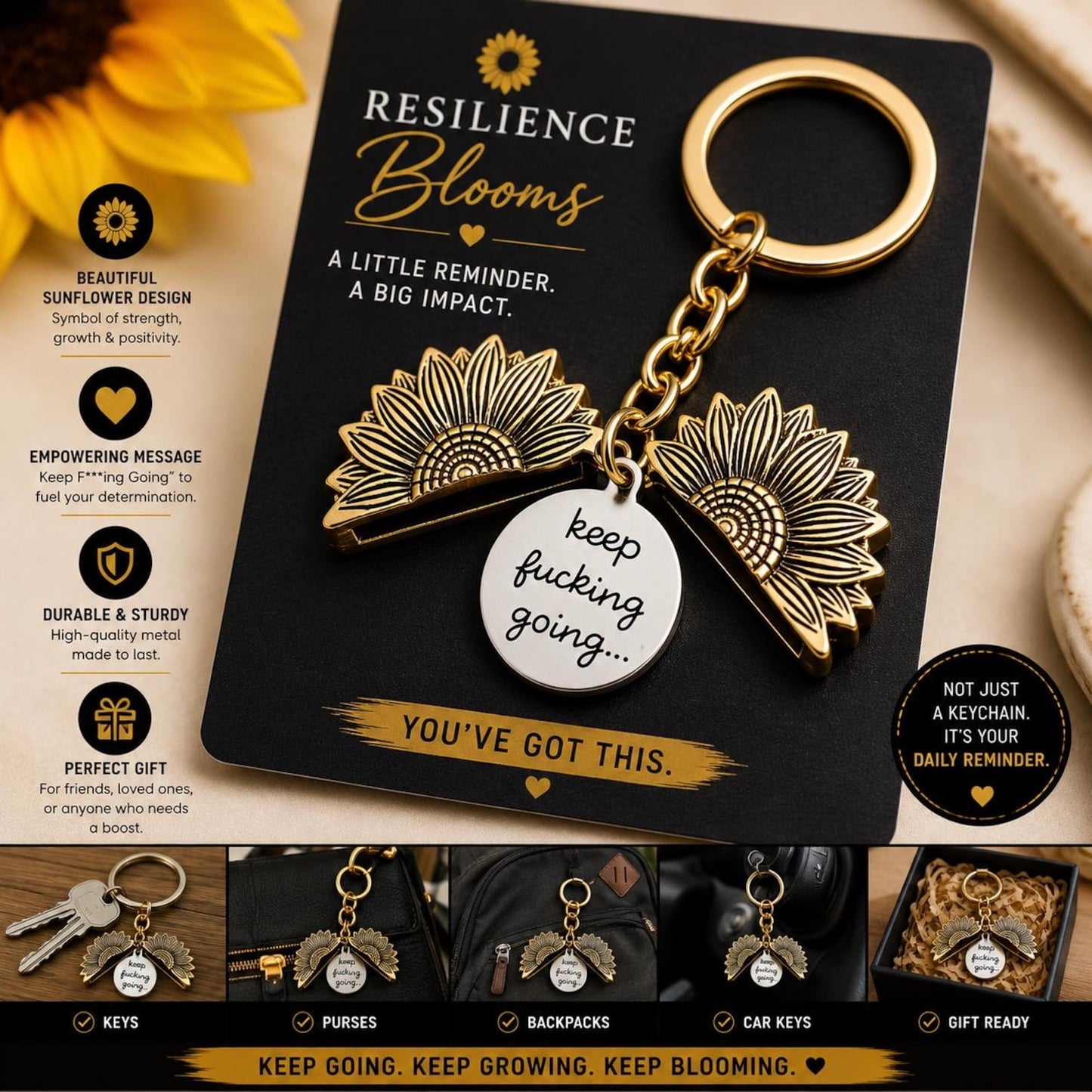 ❤️Resilience Blooms Sunflower Keychain🎁"Keep F*ing Going" Inspirational Gift