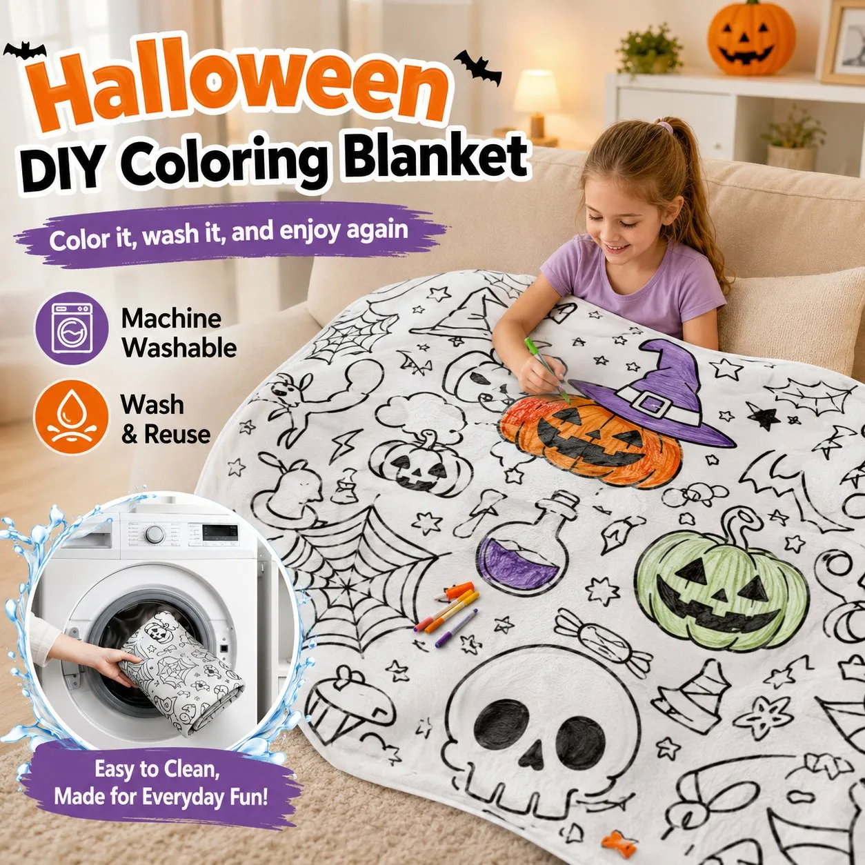 👻Halloween DIY Coloring Blanket with Free 24 Markers🎁Perfect Gift For Family & Friends