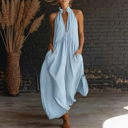 Limited 50% Discount | Summer Halter Neck Maxi Dress, Loose Casual Design with Practical Pockets