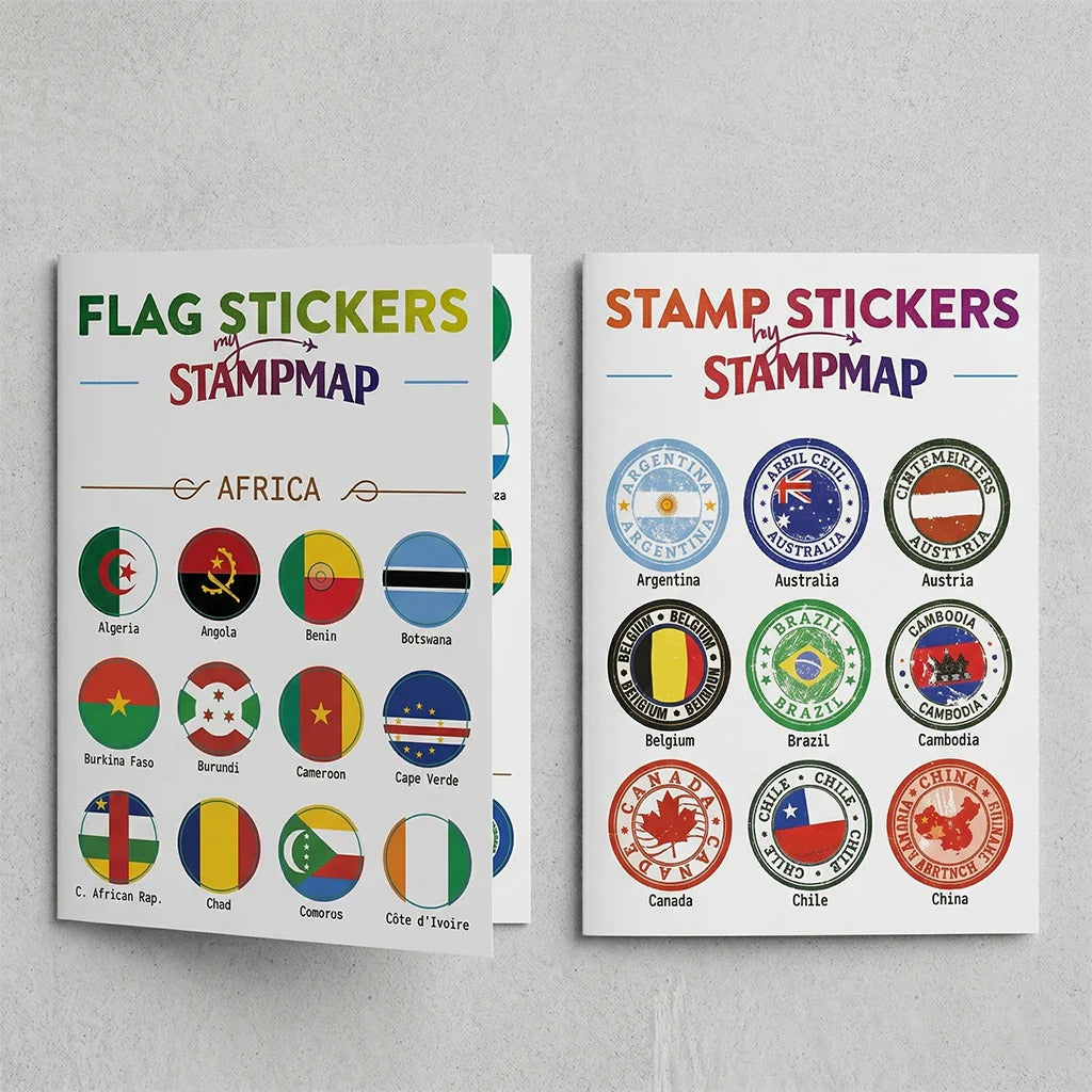 World Travel Map With National Flags and Stamps