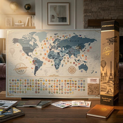 World Travel Map With National Flags and Stamps
