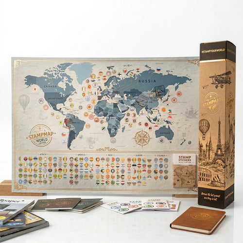 World Travel Map With National Flags and Stamps