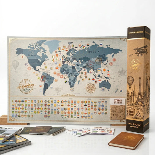 World Travel Map With National Flags and Stamps