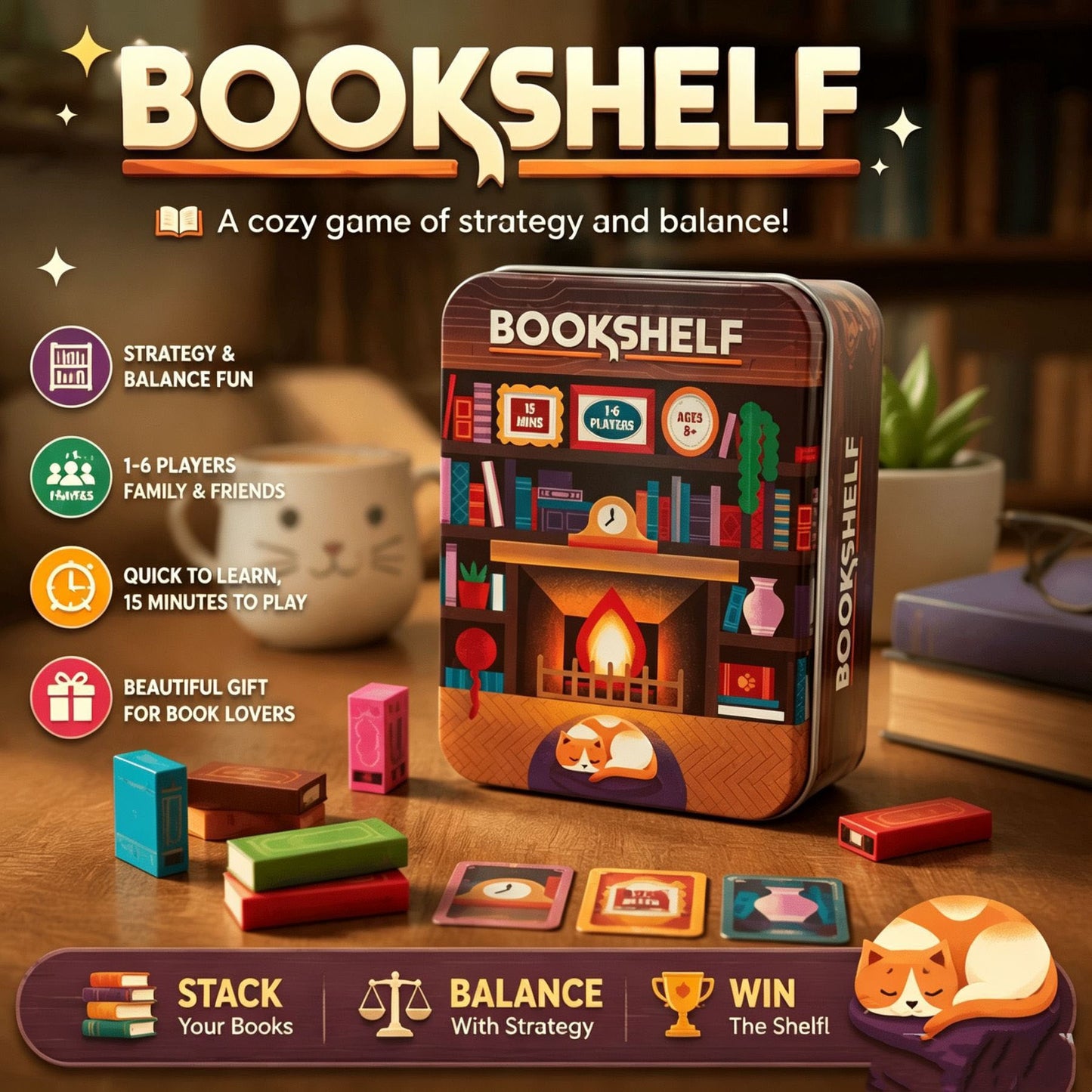 Bookshelf Balance Game – Strategy Stacking Board Game