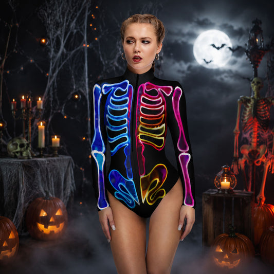 3D Skeleton One Piece Swimsuit – Halloween Bone Print Bathing Suit