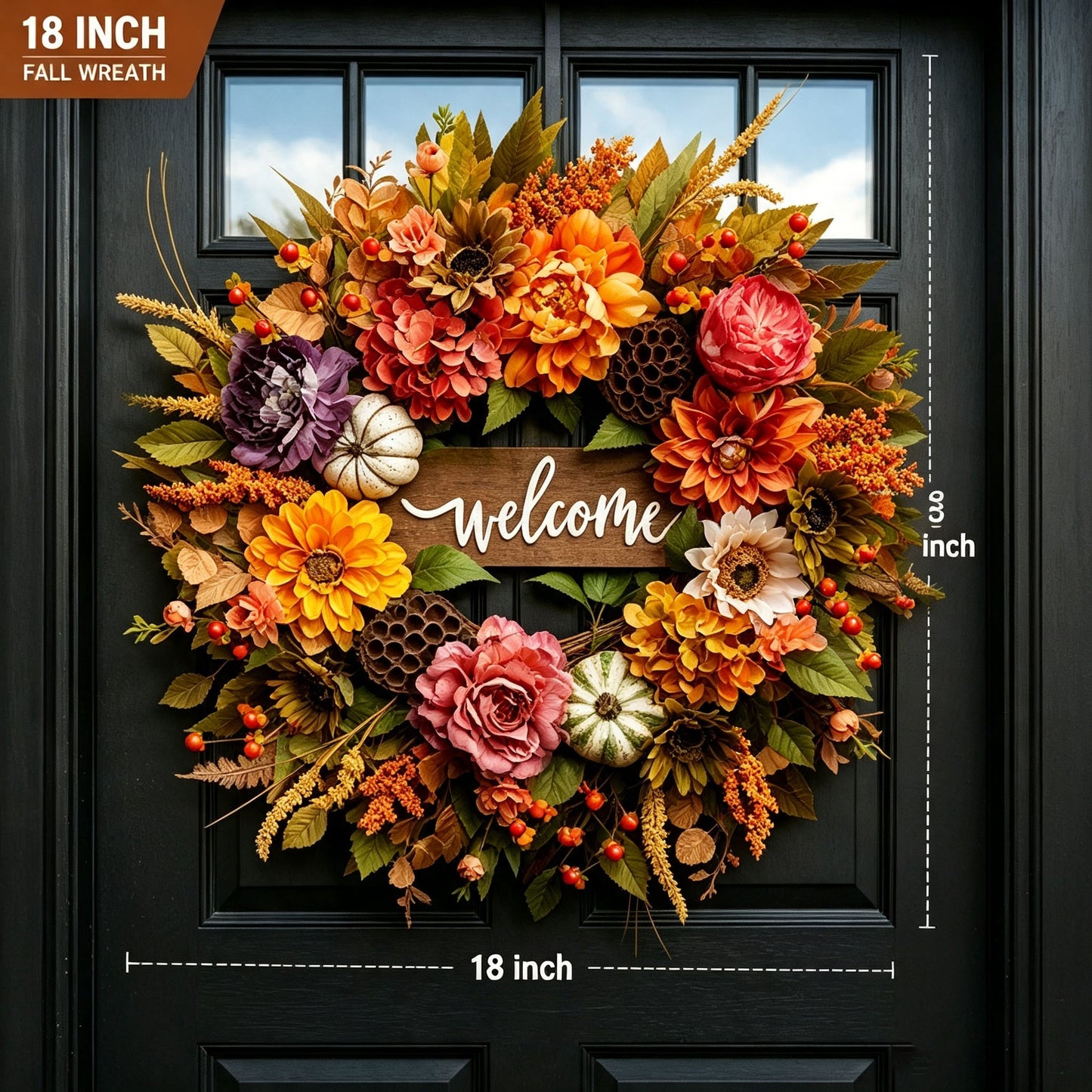 🍁 18 Inch Autumn Harvest Wreath - Dahlia & Pumpkin Front Door Decor