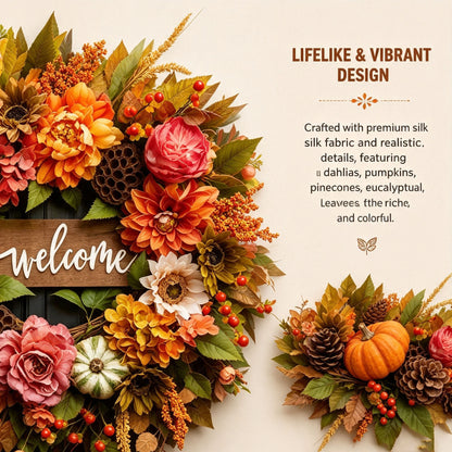 🍁 18 Inch Autumn Harvest Wreath - Dahlia & Pumpkin Front Door Decor