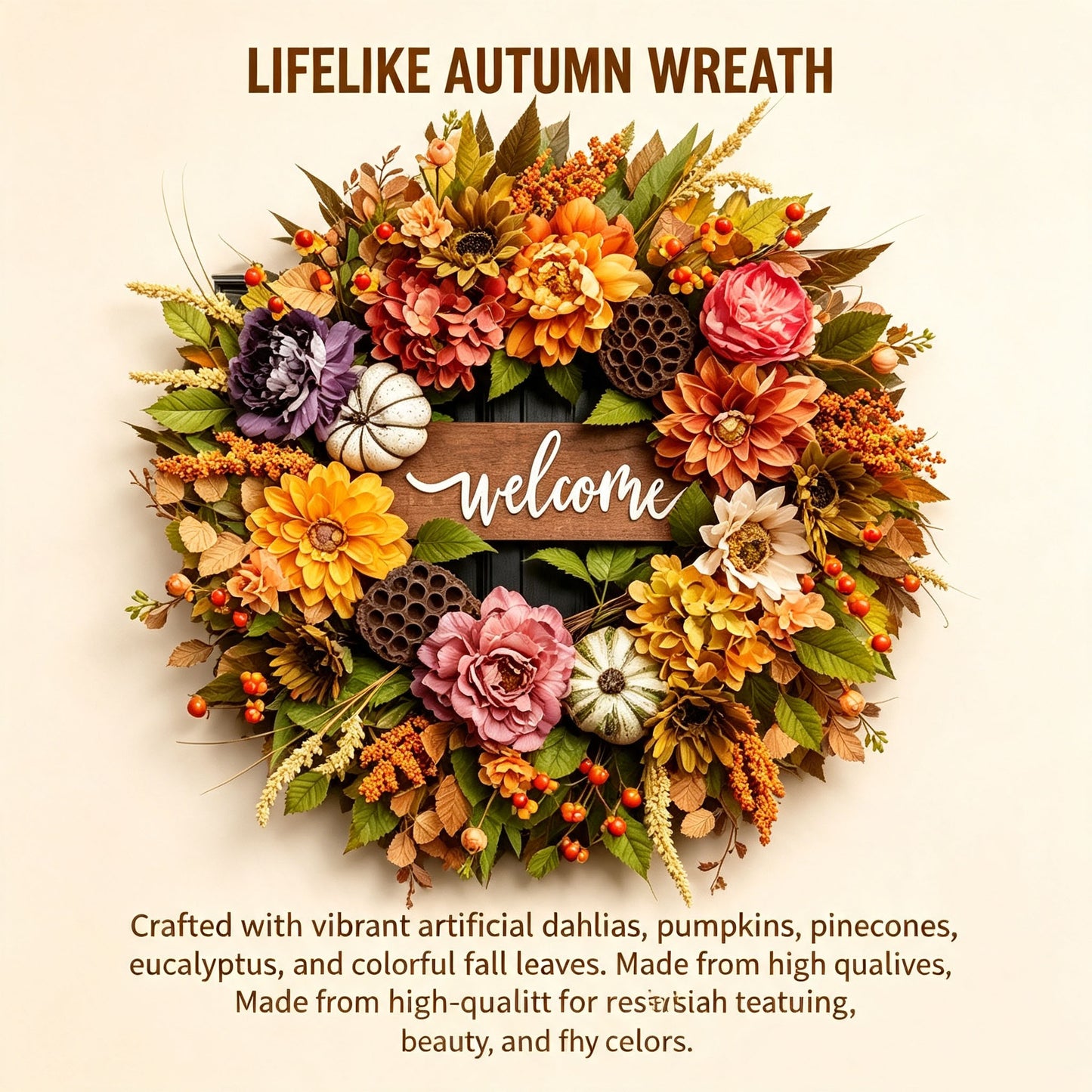 🍁 18 Inch Autumn Harvest Wreath - Dahlia & Pumpkin Front Door Decor