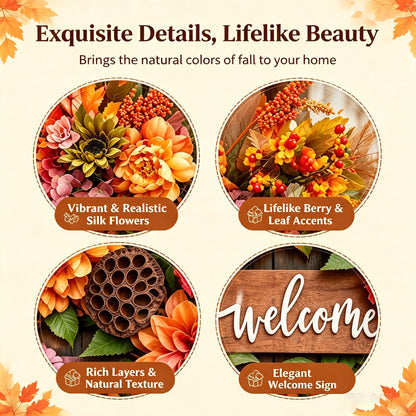 🍁 18 Inch Autumn Harvest Wreath - Dahlia & Pumpkin Front Door Decor