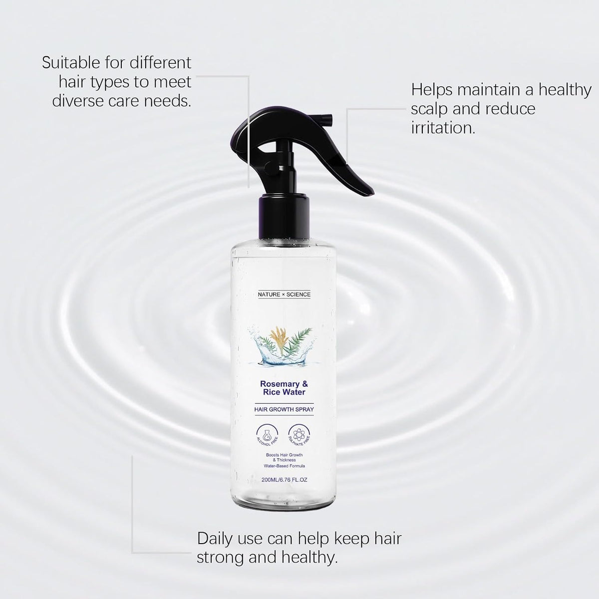 Rosemary Water and Rice Water Hair Spray for Frizz and Smoothness